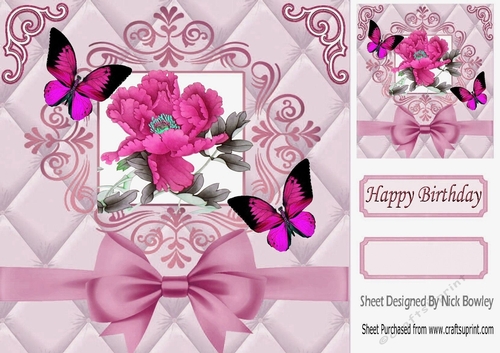pretty pink flower with butterflies in elegant frame with bow 8x8