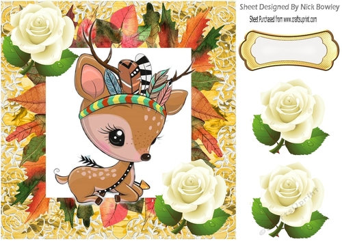 sweet little deer with roses in autumn leaf frame 8x8