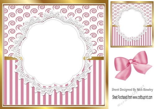 Pretty lace centre and pink stripe/swirls and bow card fronts 8x8 