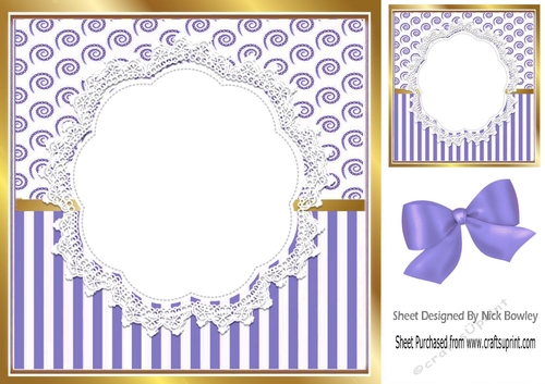 Pretty lace centre and purple stripe/swirls and bow card fronts 8x8