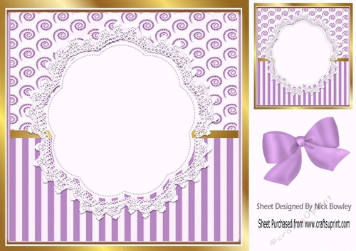 Pretty lace centre and lilac stripe/swirls and bow card fronts 8x8