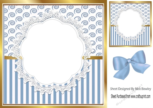 Pretty lace centre and blue stripe/swirls and bow card fronts 8x8