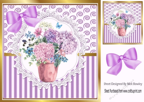 Pretty flower vase on lace  with  lilac stripe/swirls and bow card fronts 8x8