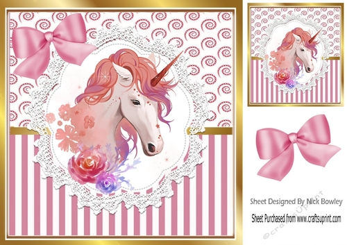 Pretty unicorn on lace  with pink stripe/swirls and bow card front 8x8
