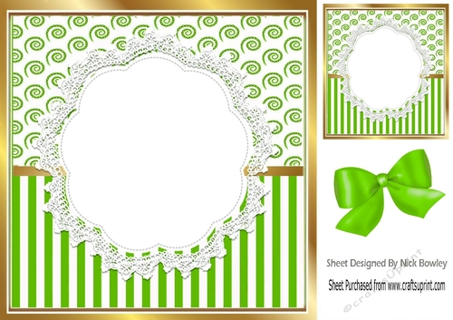 Pretty lace centre and green stripe/swirls and bow card fronts 8x8