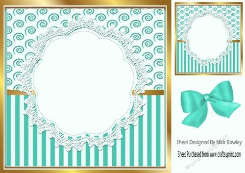 Pretty lace centre and turq stripe/swirls and bow card fronts 8x8