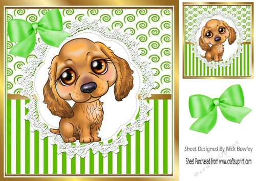 Pretty brown puppy on lace  with green stripe/swirls and bow card front 8x8