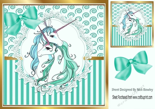 Pretty embracing unicorns on lace  with turq stripe/swirls and bow card front 8x8