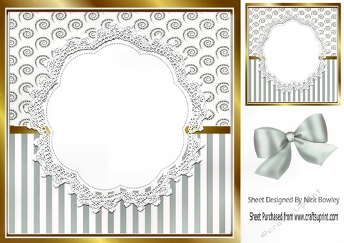Pretty lace centre and silver stripe/swirls and bow card fronts 8x8