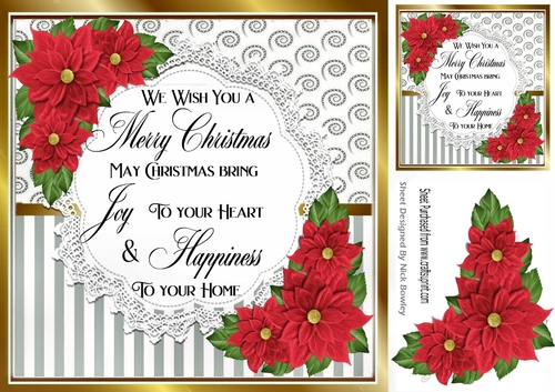 Pretty silver stripe/swirls and red poinsettias christmas card front 8x8