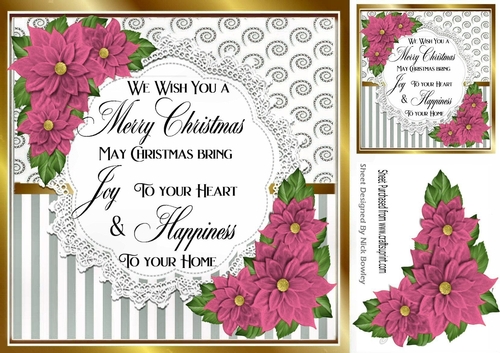 Pretty silver stripe/swirls and pink poinsettias christmas card front 8x8