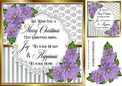 Pretty silver stripe/swirls and lilac poinsettias christmas card front 8x8