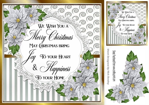 Pretty silver stripe/swirls and silver poinsettias christmas card front 8x8
