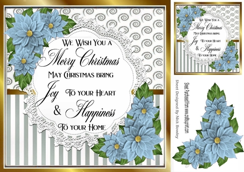Pretty silver stripe/swirls and blue poinsettias christmas card front 8x8