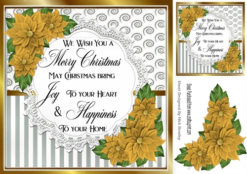 Pretty silver stripe/swirls and gold poinsettias christmas card front 8x8