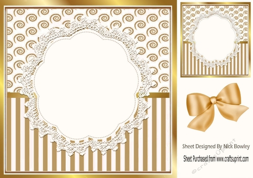 Pretty lace centre and gold stripe/swirls and bow card fronts 8x8
