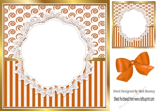 Pretty lace centre and orange stripe/swirls and bow card fronts 8x8