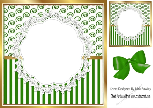 Pretty lace centre and forest green stripe/swirls and bow card fronts 8x8