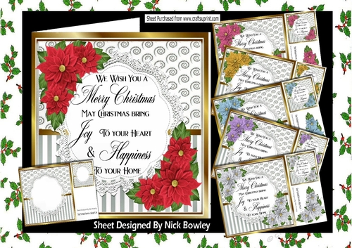 6 Lovely Christmas word/poinsettias card fronts with silver stripe 8x8 bumper kit