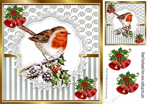 Pretty  silver stripe/swirls  card front with robin & bells 8x8