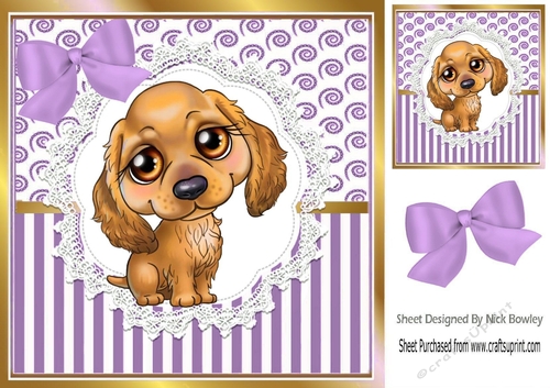 Pretty brown puppy on lace  with purple stripe/swirls and bow card front 8x8