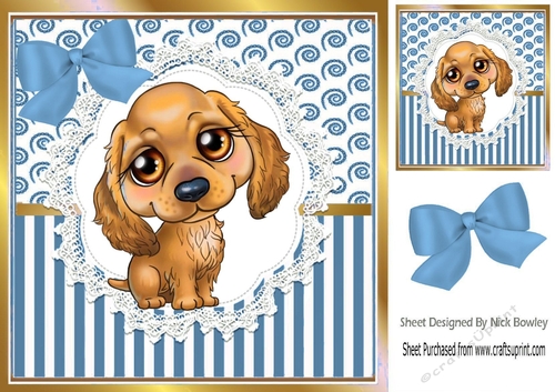 Pretty brown puppy on lace  with blue stripe/swirls and bow card front 8x8