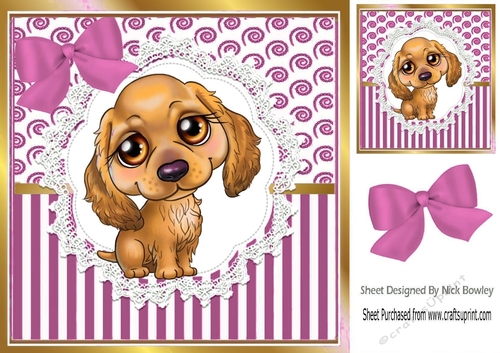 Pretty brown puppy on lace  with pink stripe/swirls and bow card front 8x8