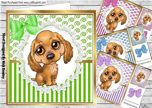 4 brown puppies on lace, stripe/swirls and bows card fronts 8x8 mini kit