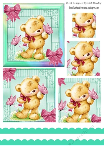 Cute teddy with pink butterflies in rainbow frame pyramids