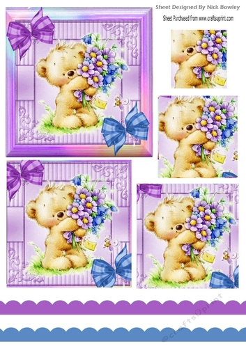 Cute teddy with purple flowers in rainbow frame with pyramids