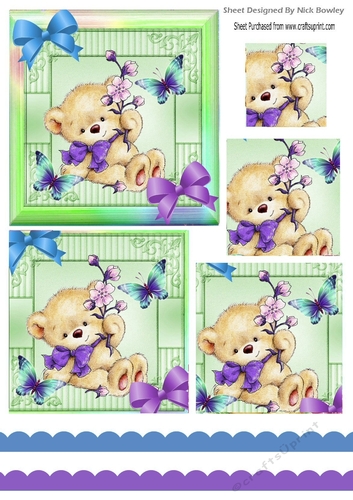 Cute teddy with blue butterflies in rainbow frame pyramids