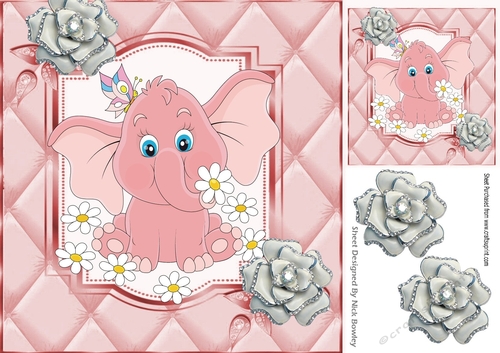 Cute pink elephant with diamante silver roses 8x8
