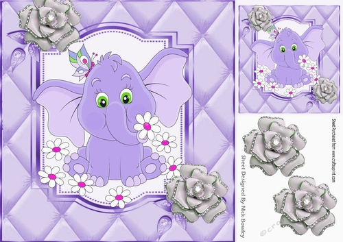 Cute purple elephant with diamante silver roses 8x8