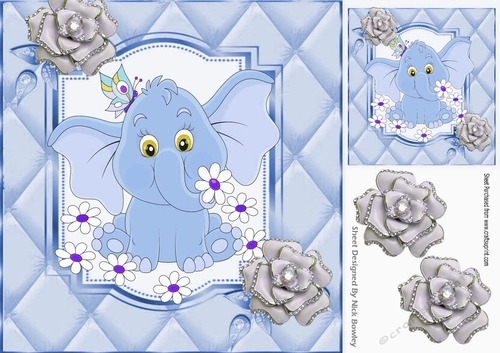 Cute blue elephant with diamante silver roses 8x8