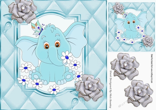 Cute turq elephant with diamante silver roses 8x8