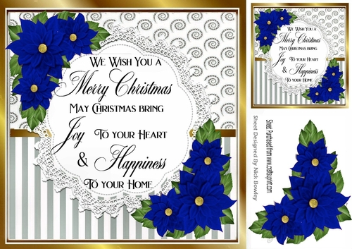 Pretty lace centre and royal blue stripe/swirls and bells festive card fronts 8x8