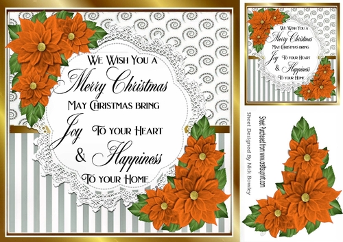 Pretty silver stripe/swirls and orange poinsettias christmas card front 8x8