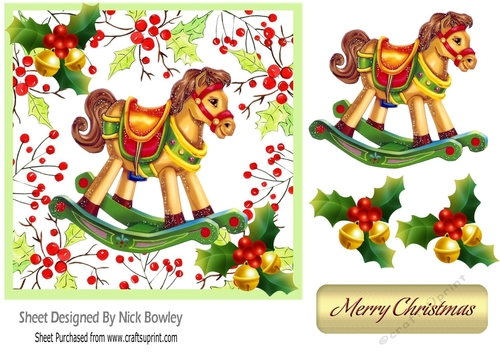 Lovely Rocking Horse with holly& bells in 7x7 festive frame
