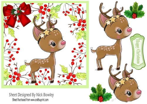 Cute baby deer in holly/berry frame with bow 7x7