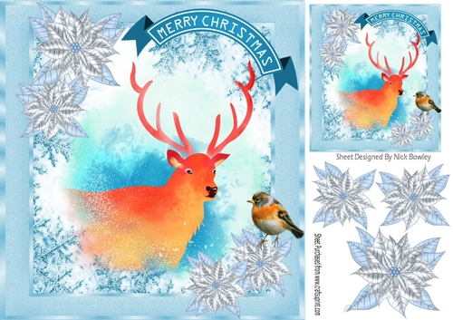 Lovely Watercolour reindeer with  ice blue poinsettias 8x8