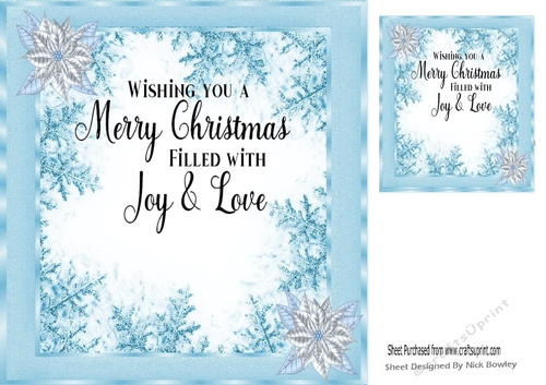 Card front/insert  with ice blue poinsettias & verse 8x8