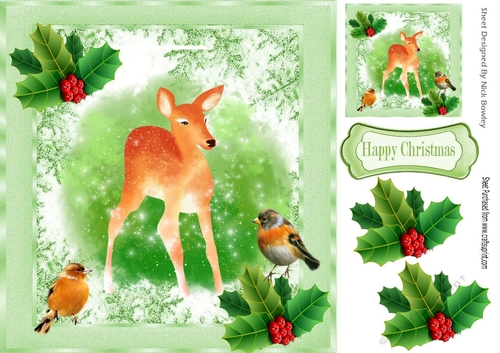 Sweet little deer with robins in green snowflake frame 8x8
