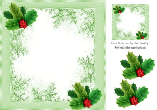  green snowflake frame with holly card front 8x8