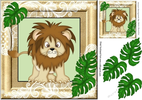 Lion in ornate frame with palm leaves 8x8