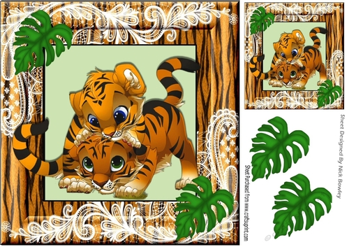 Cute Pair of Baby Tigers playing in ornate frame with palm leaves 8x8