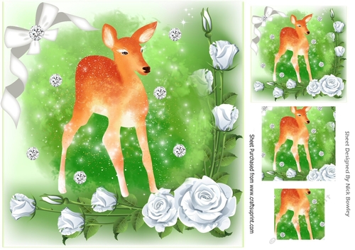 sweet deer in watercolour with white roses bow, & diamonds 8x8