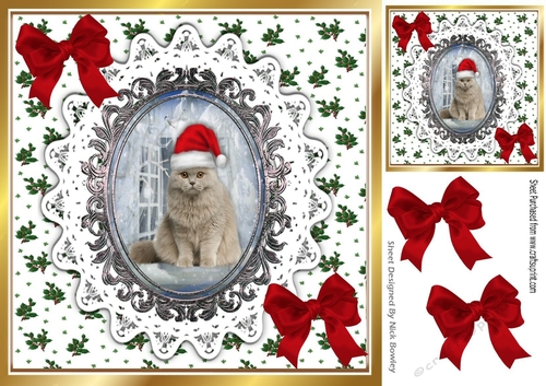 Lovely Cat in santa hat on lace, red bows (one) 8x8