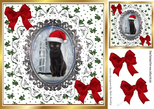 Lovely Cat in santa hat on lace, red bows (Two) 8x8