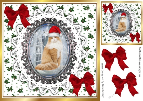 Lovely Cat in santa hat on lace, red bows (Three) 8x8