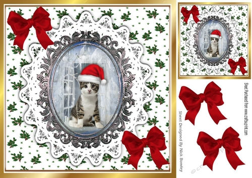 Lovely Cat in santa hat on lace, red bows (four) 8x8